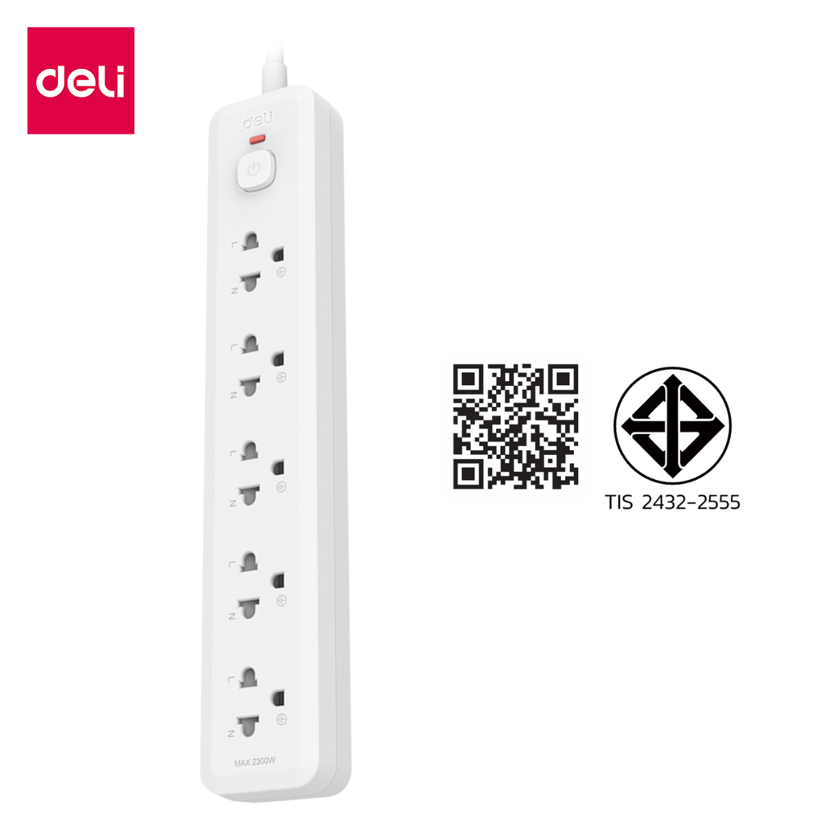 รางปลั๊กไฟ 5ช่อง 3M 1สวิตซ์ Deli CT465-WH-01 เทาอ่อน_0